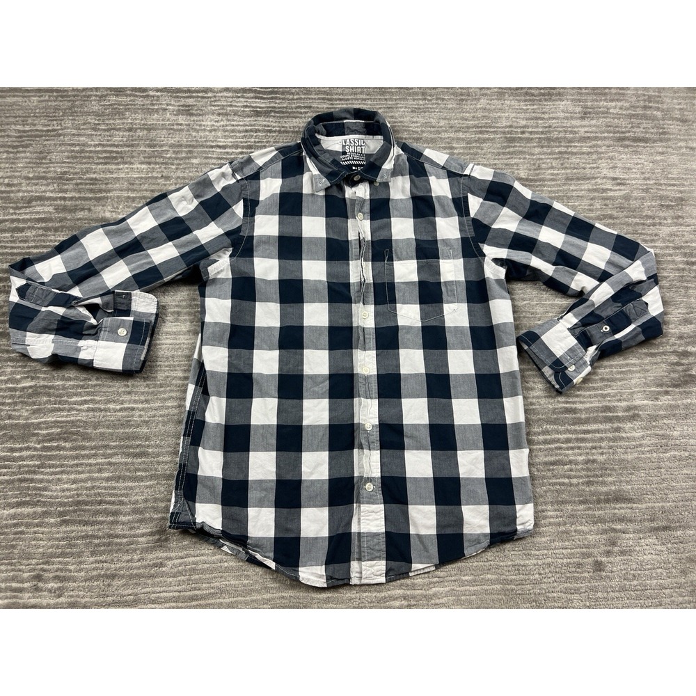 Old Navy Shirt Mens Small Blue White Plaid Long Sleeve Regular Fit Classic Shirt